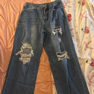 SHEIN Blue Distressed Straight Leg Jeans